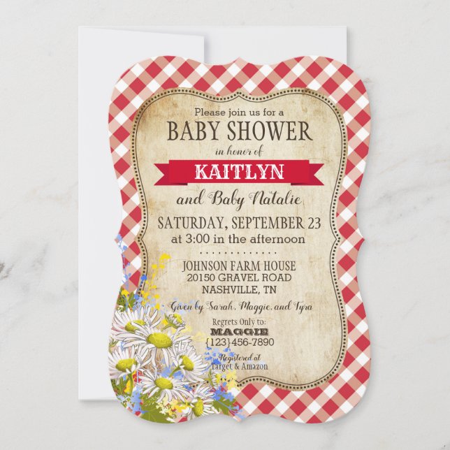 Country Daisies Red Gingham Karo Baby Dusche Einladung (Vorderseite)