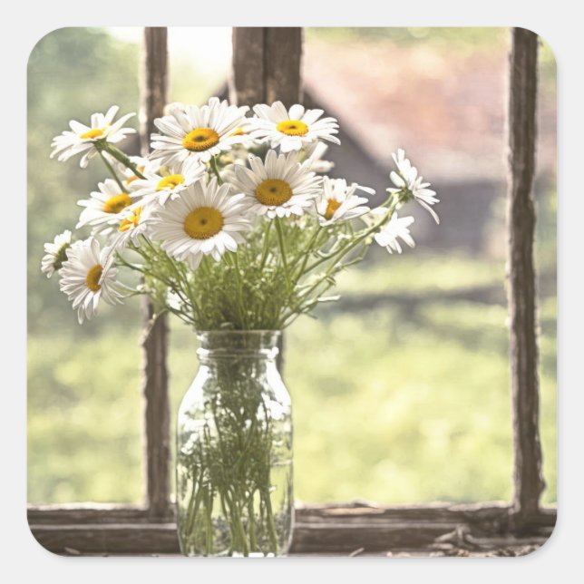 Country Daisy Bouquet im Fenster Quadratischer Aufkleber (Vorderseite)