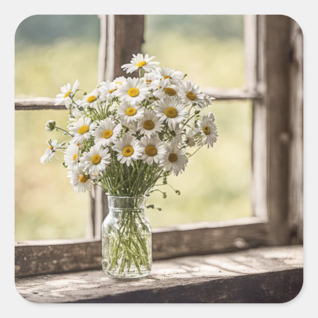 Country Daisy Bouquet im Fenster Quadratischer Aufkleber (Vorderseite)