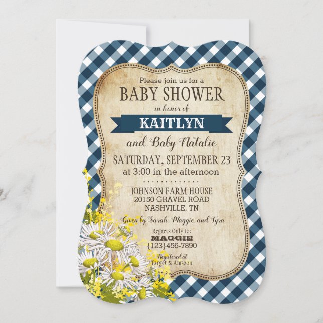 Country Daisy Navy Blue Gingham Karo Baby Showroom Einladung (Vorderseite)