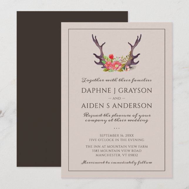 Country Deer Antler Floral Wedding Einladung (Vorne/Hinten)