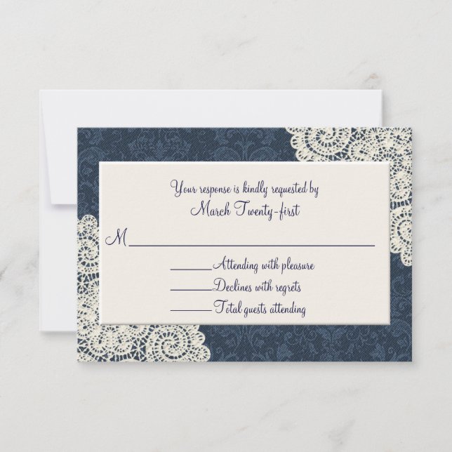 Country Denim Damask & Ivory Wedding RSVP Card (Vorderseite)
