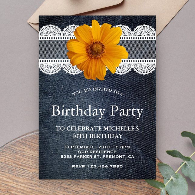 Country Denim Lace Sunflower Birthday Party Einladung (Von Creator hochgeladen)