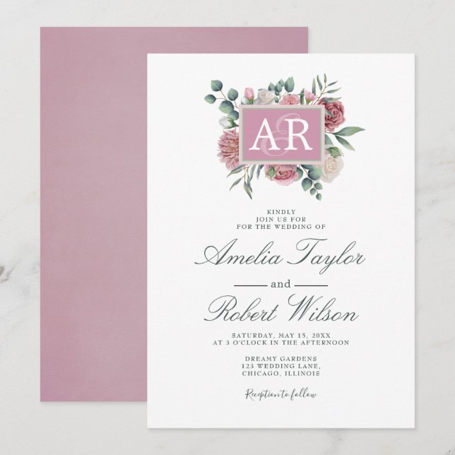 Country Dusty Rose Floral Initials Einladung (Vorne/Hinten)