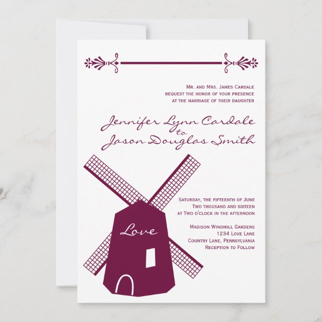 Country Dutch Windmill Lila Wedding Einladungen (Vorderseite)