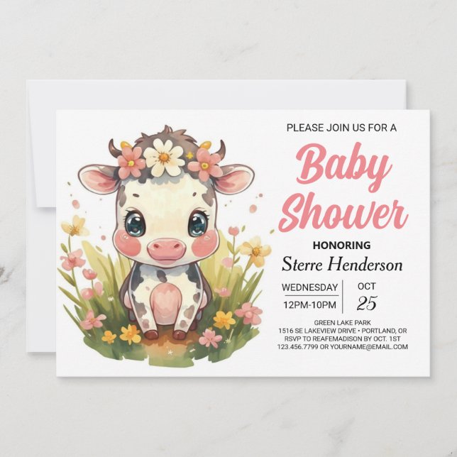 Country Elegant Girly Cow Babydusche Einladung (Vorderseite)