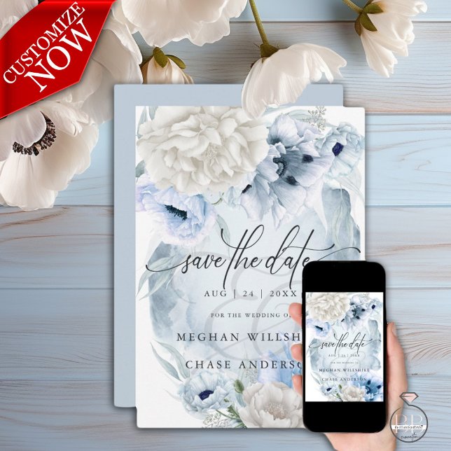 Country Elegante Floral Wasserfarbe Blauen Blumen Save The Date (Easy to customize template )