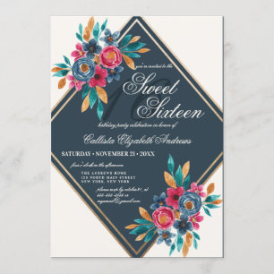 Country Fall Blue Gold Aquarellfarben Blume Süß 16 Einladung