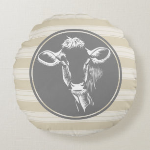 Country Farm Creamy Tan White Cow Sketch Rundes Kissen