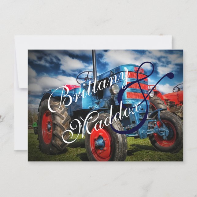 Country Farm Traktor Blue Wedding Einladungen (Vorderseite)