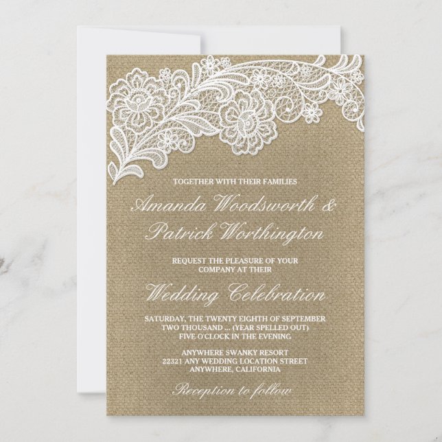 Country Floral Burlap und Lace Wedding Einladungen (Vorderseite)