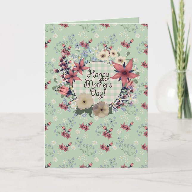 Country Floral Gingham Karo Minze Green | Mutter Karte (Vorderseite)