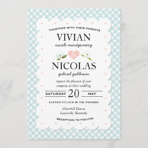 Country Floral Gingham Pink Blue Wedding Einladung