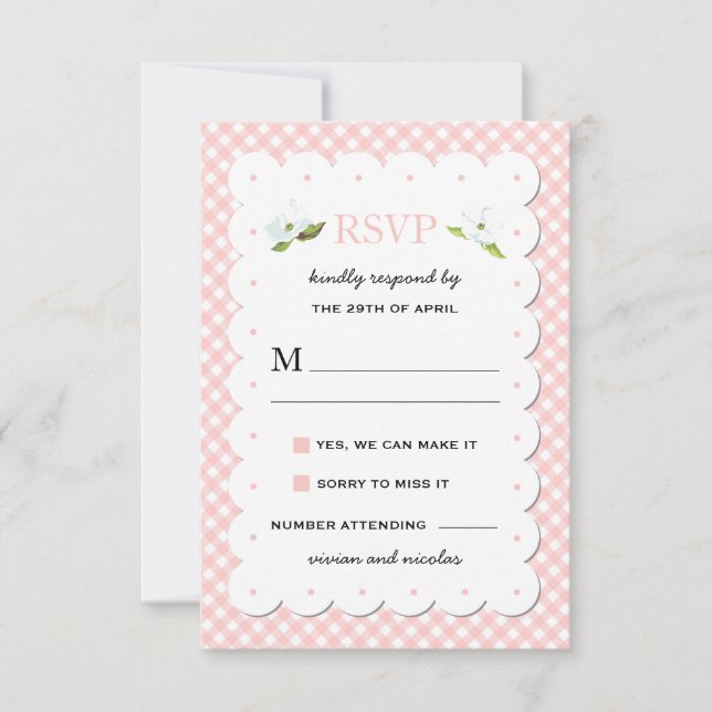 Country Floral Gingham Pink Blue Wedding RSVP (Vorderseite)