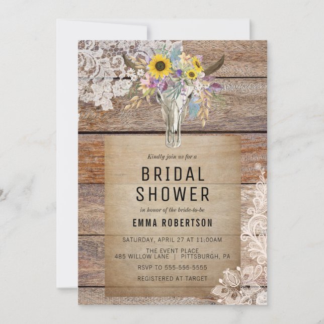 Country Floral Kuh Skull Bridal Dusche Einladung (Vorderseite)