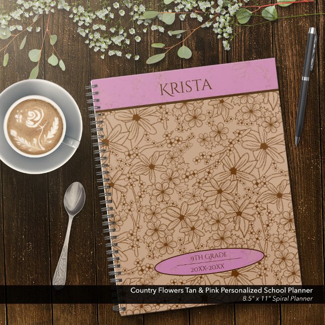 Country Flowers Tan & Pink École personnalisée (Country Flowers Brown and Pink Personalized School Planner: Customize the Name, Grade, and Year.)