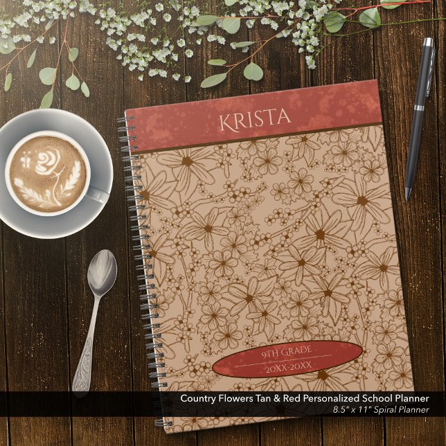 Country Flowers Tan & Rouge École personnalisée (Country Flowers Brown and Red Personalized School Planner: Customize the Name, Grade, and Year.)