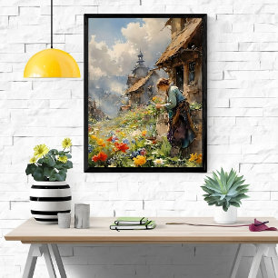 Country Garden mit Girl in Blue Dress und Blume   Poster