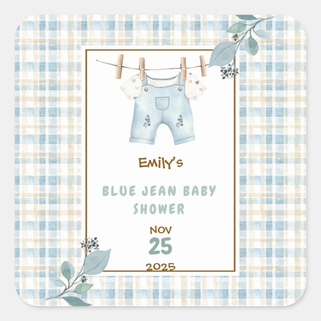 Country Gingham Blue Jean Baby Dusche Willkommen Quadratischer Aufkleber (Vorderseite)