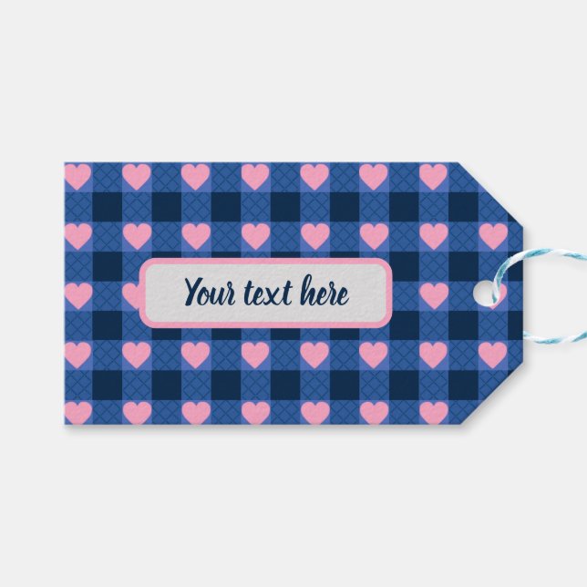 Country Gingham Blue Pink Herzmuster Geschenkanhänger (Vorderseite (Horizontal))
