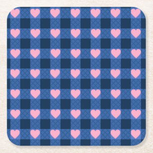 Country Gingham Blue Pink Herzmuster Rechteckiger Pappuntersetzer
