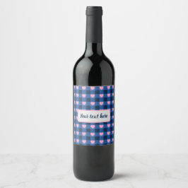 Country Gingham Blue Pink Herzmuster Weinetikett