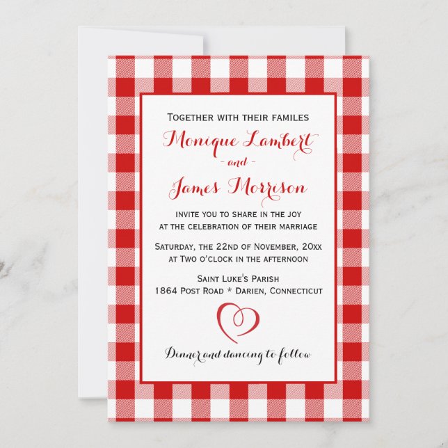 Country Gingham Red & White Karos Hochzeit Kariert Einladung (Vorderseite)