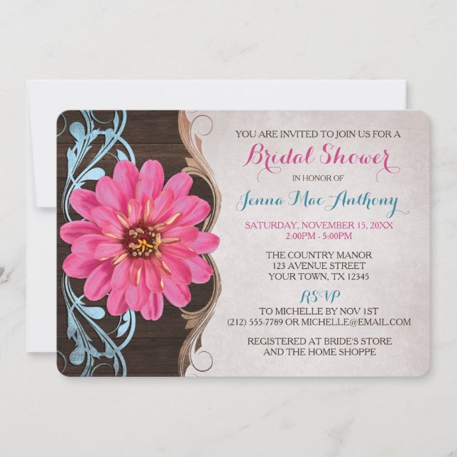 Country Girl rose Zinnia Invitations de douche nup (Devant)
