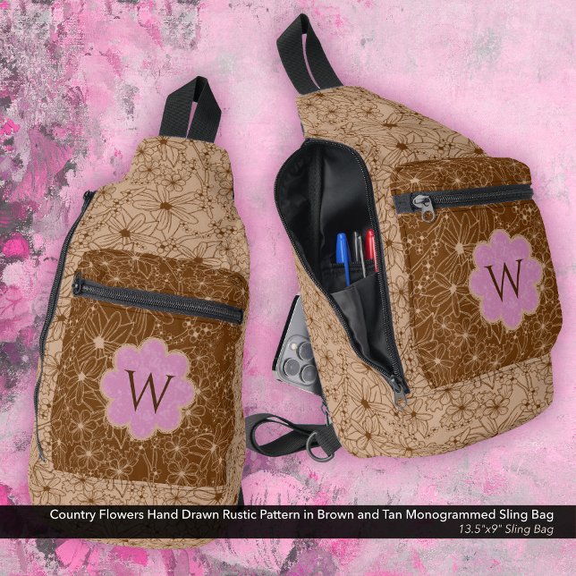 Country Girl Rustikales Blumenmuster Pink Brown Crossbody Bag (Sling Bag: Country Flowers Hand Drawn Rustic Pattern in Brown and Tan with a Soft Pink Monogram)