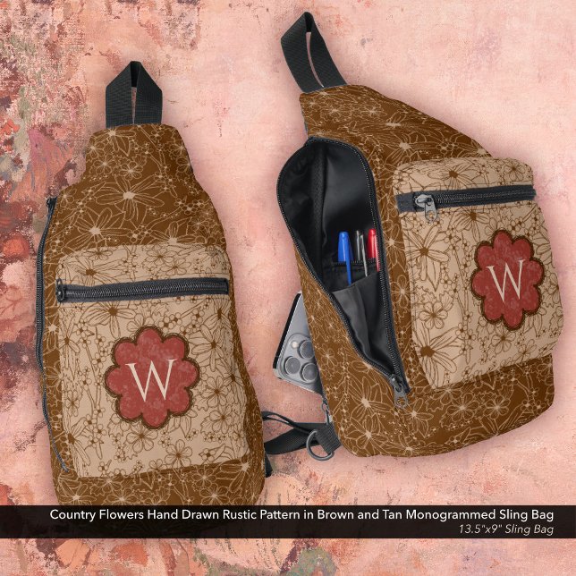 Country Girl Rustikales Muster Red Brown Crossbody Bag (Sling Bag: Country Flowers Hand Drawn Rustic Pattern in Brown and Tan with a Brick Red Monogram)