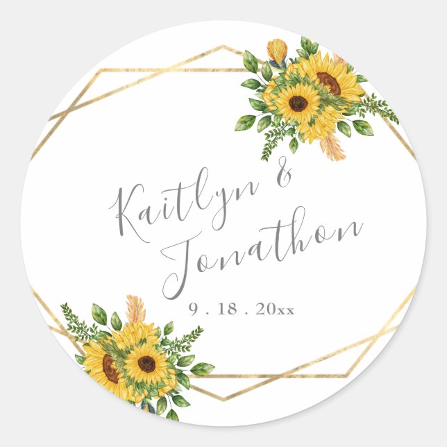 Country Gold Geometric Gerahmt Sunflower Leaf Runder Aufkleber (Vorderseite)