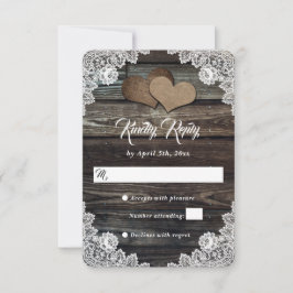 Country Hearts Wood Floral Lace Rustikale Hochzeit RSVP Karte