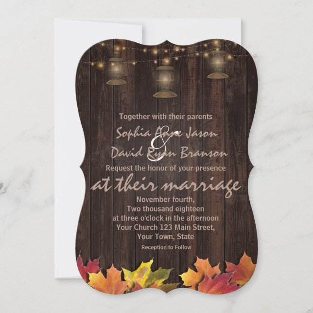Country Herbstlaubs Old Lanterns Wood Wedding Einladung (Vorderseite)