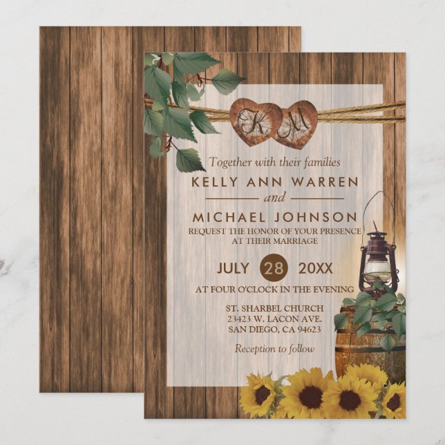 Country Hochzeit mit Sonnenblumen Einladung (Vorne/Hinten)