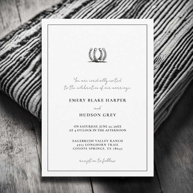 Country Horseshoe Frame Western Elegant BW Hochzei Einladung (country wedding invitation western cowboy horseshoes art sketch frame black white elegant formal)