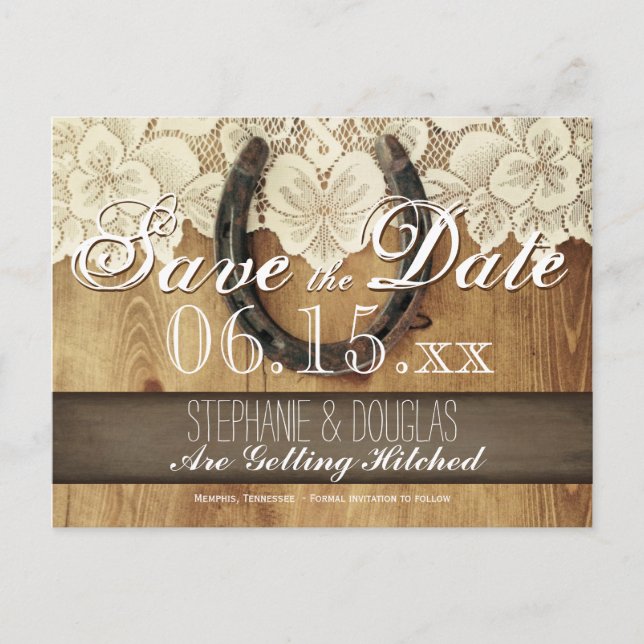 Country Horseshoe Lace Wedding Save the Date Ankündigungspostkarte (Vorderseite)