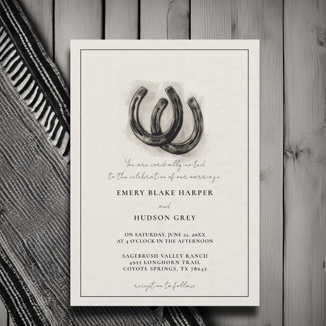 Country Horseshos Art Western Einladung (country wedding invitation western cowboy horseshoes artistic frame black white elegant formal)