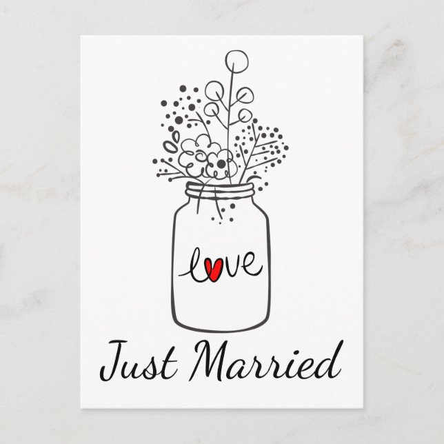 Country Just Married Wedding Mason Jar Black Red Ankündigungspostkarte (Vorderseite)
