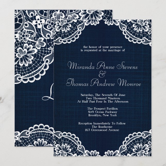 Country Lace & Denim Wedding Einladung (Vorne/Hinten)