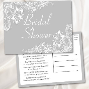 Country Lace Gray White Lacy Elegantes Brautparty Einladungspostkarte