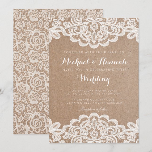 Country Lace Kraft Papier Hochzeitseinladung Einladung (Vorne/Hinten)