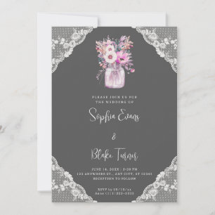 Country Lace & Mason Jar Blume Grau Wedding Einladung