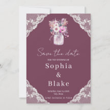 Country Lace Mason Jar Burgundy Save the Date