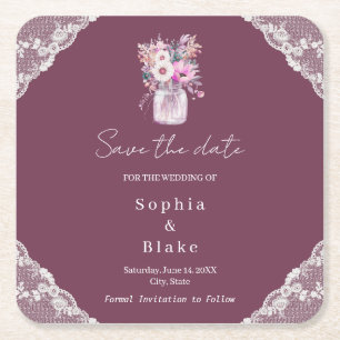 Country Lace Mason Jar Burgundy Save the Date Rechteckiger Pappuntersetzer