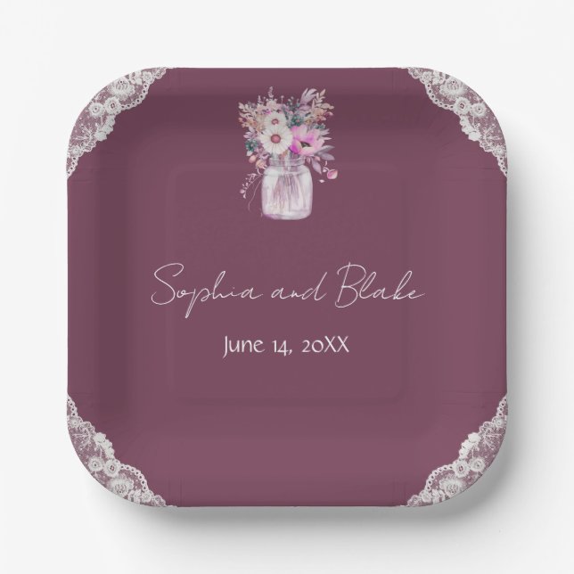 Country Lace Mason Jar Burgundy Wedding Pappteller (Vorderseite)