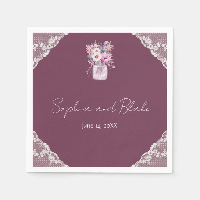 Country Lace Mason Jar Burgundy Wedding Serviette (Vorderseite)