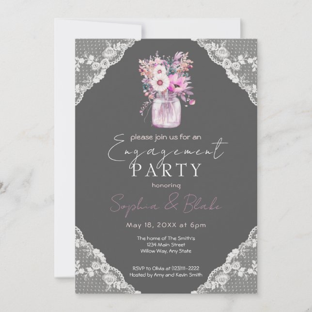 Country Lace Mason Jar Graue Engagement Party Einladung (Vorderseite)
