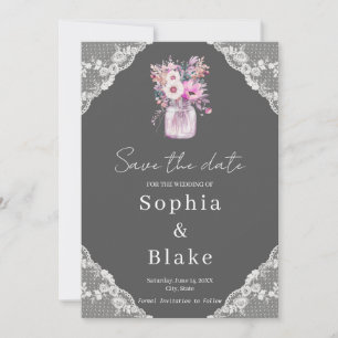 Country Lace Mason Jar Gray Save the Date Einladung