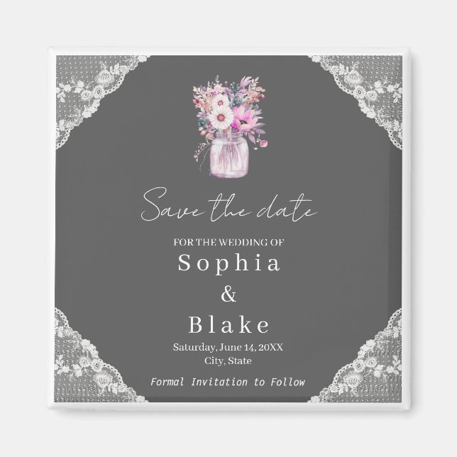 Country Lace Mason Jar Gray Save the Date Magnet (Vorne)
