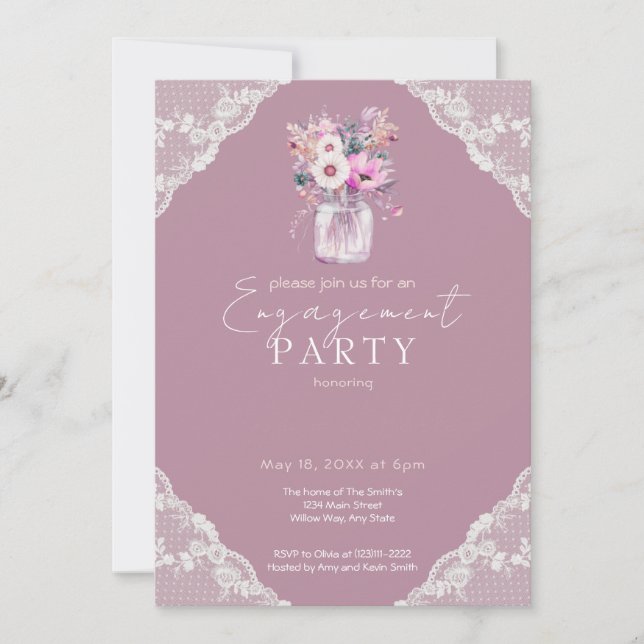 Country Lace Mason Jar Pink Engagement Party Einladung (Vorderseite)